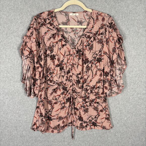 Maurices Top Womens Large Pink Floral Blouse Ruffle Ruched Boho Western Cottage - Picture 1 of 12